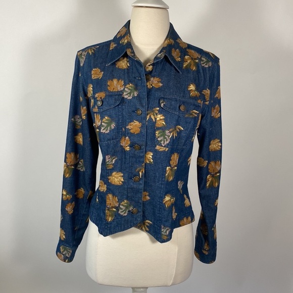 Liz Claiborne Villager Sport Lightweight Jacket Denim with Fall Leaves M #197 - Picture 1 of 15